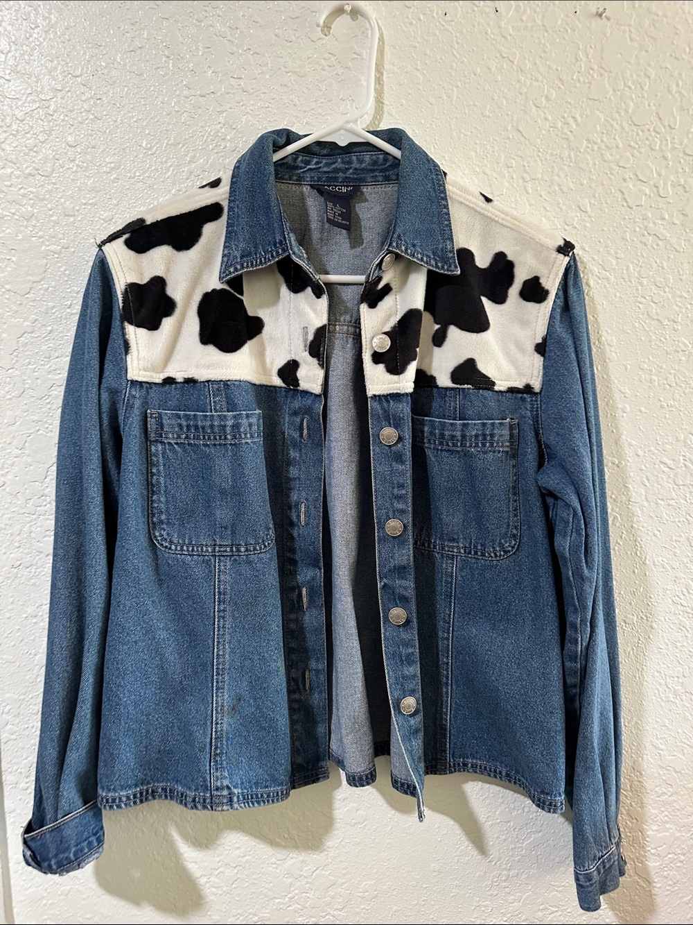 Vintage Blue Denim Jacket with Black & White Cow Print Yoke